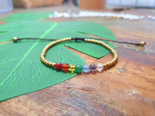 Rainbow crystal beaded bracelet, chakra gemstone & gold brass bead, rubellite orange agate citrine jade blue agate amethyst rose quartz, beaded stacking