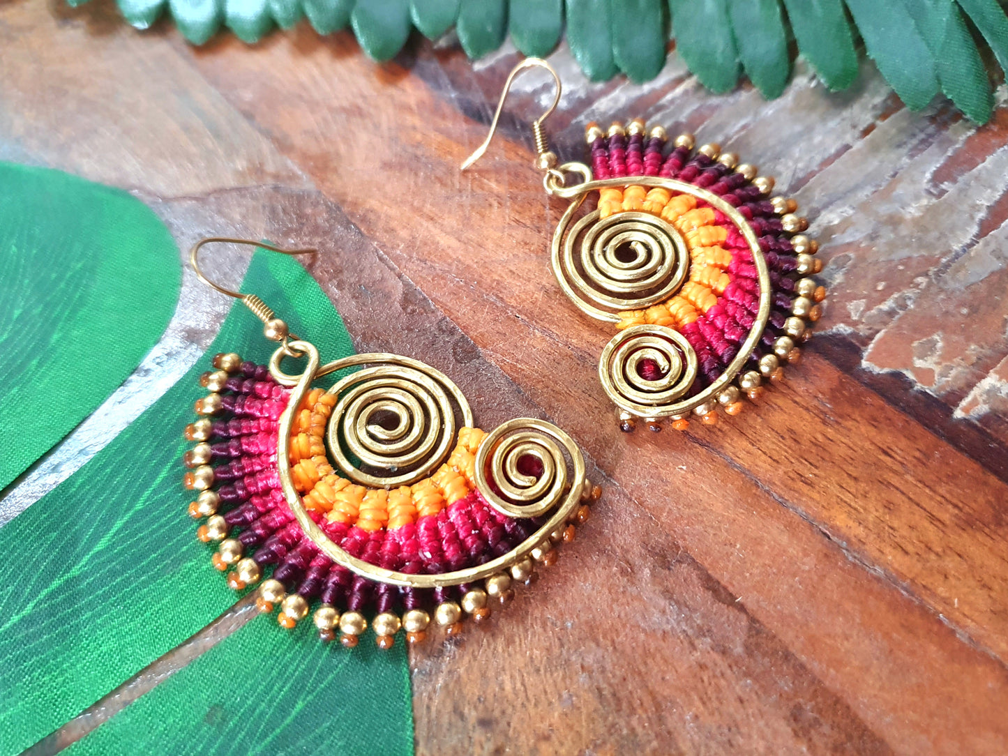 Sunset spiral macrame earrings, tropical funky 70s boho hippie Thai wire art gold earrings, red yellow gift for her woman sister mother