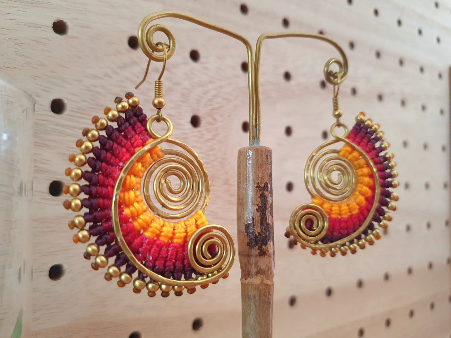 Sunset spiral macrame earrings, tropical funky 70s boho hippie Thai wire art gold earrings, red yellow gift for her woman sister mother