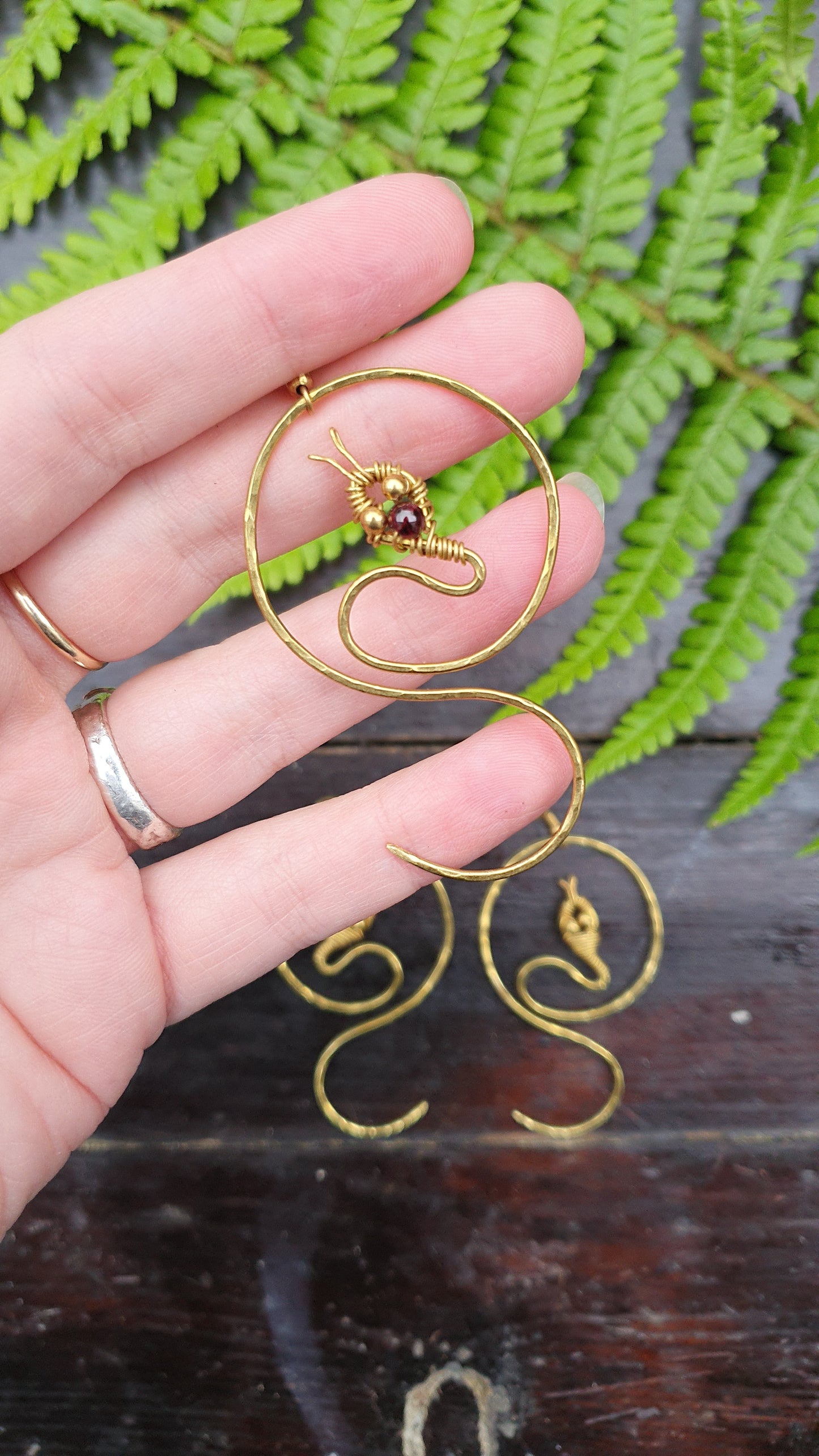 Gold crystal snake earrings, Halloween costume witch medusa gothic costume jewellery, personalised gold brass wire, choose gemstone earrings