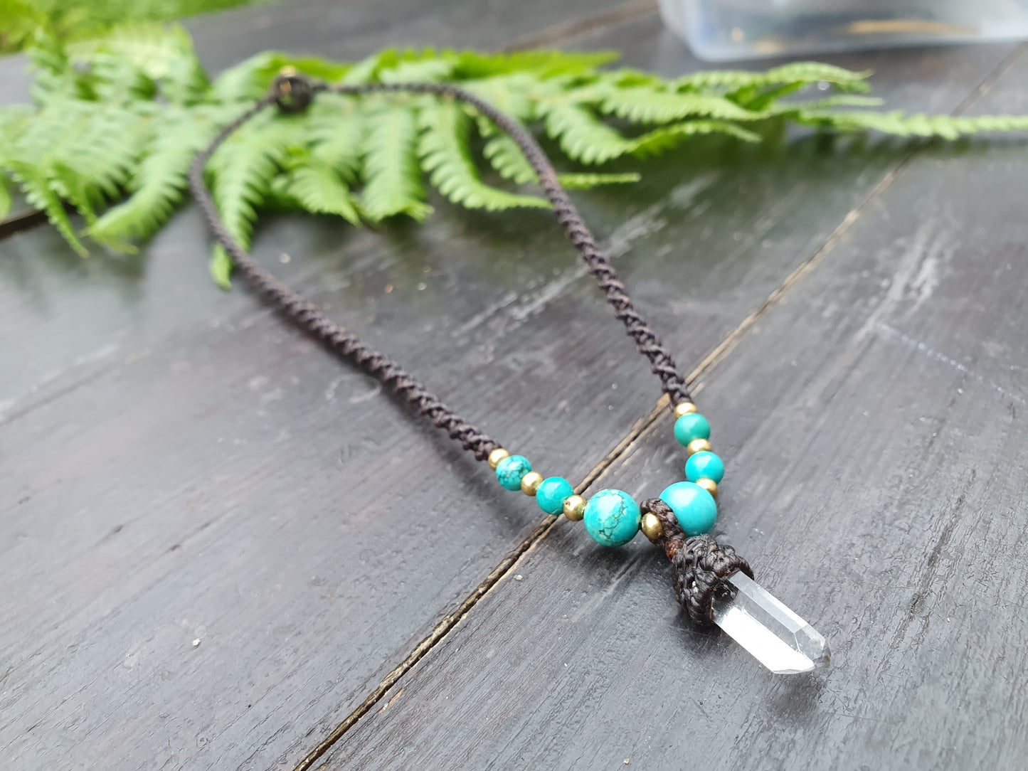 Clear quartz tower turquoise necklace, macrame crystal necklace, boho tribal buddhist amulet, necklace for men, amplification necklace