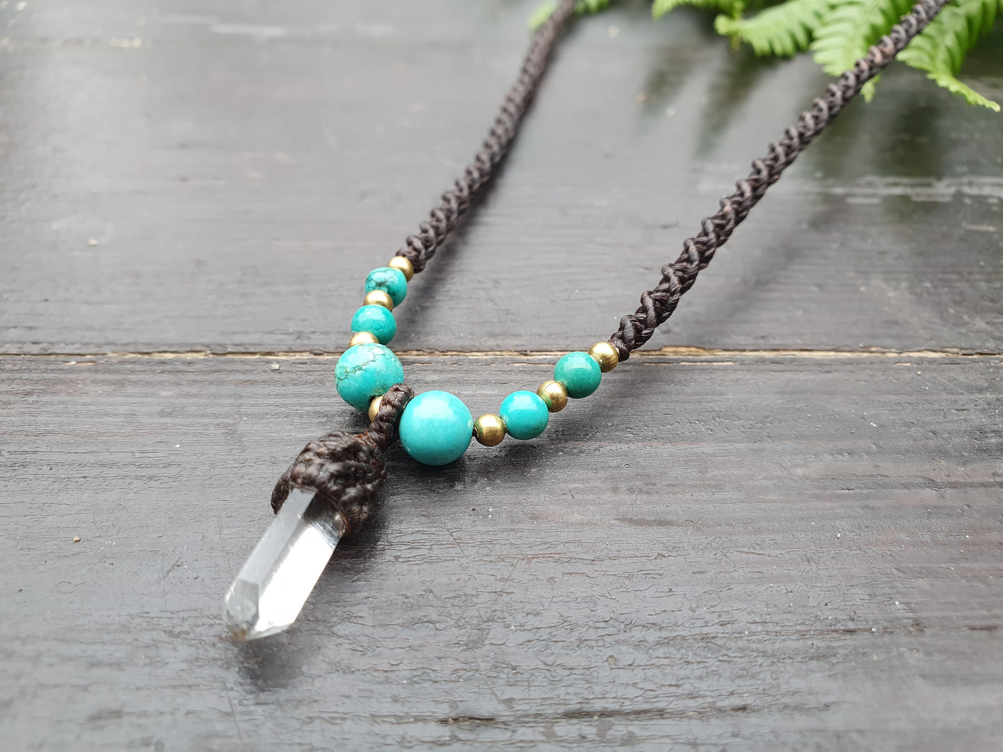 Clear quartz tower turquoise necklace, macrame crystal necklace, boho tribal buddhist amulet, necklace for men, amplification necklace