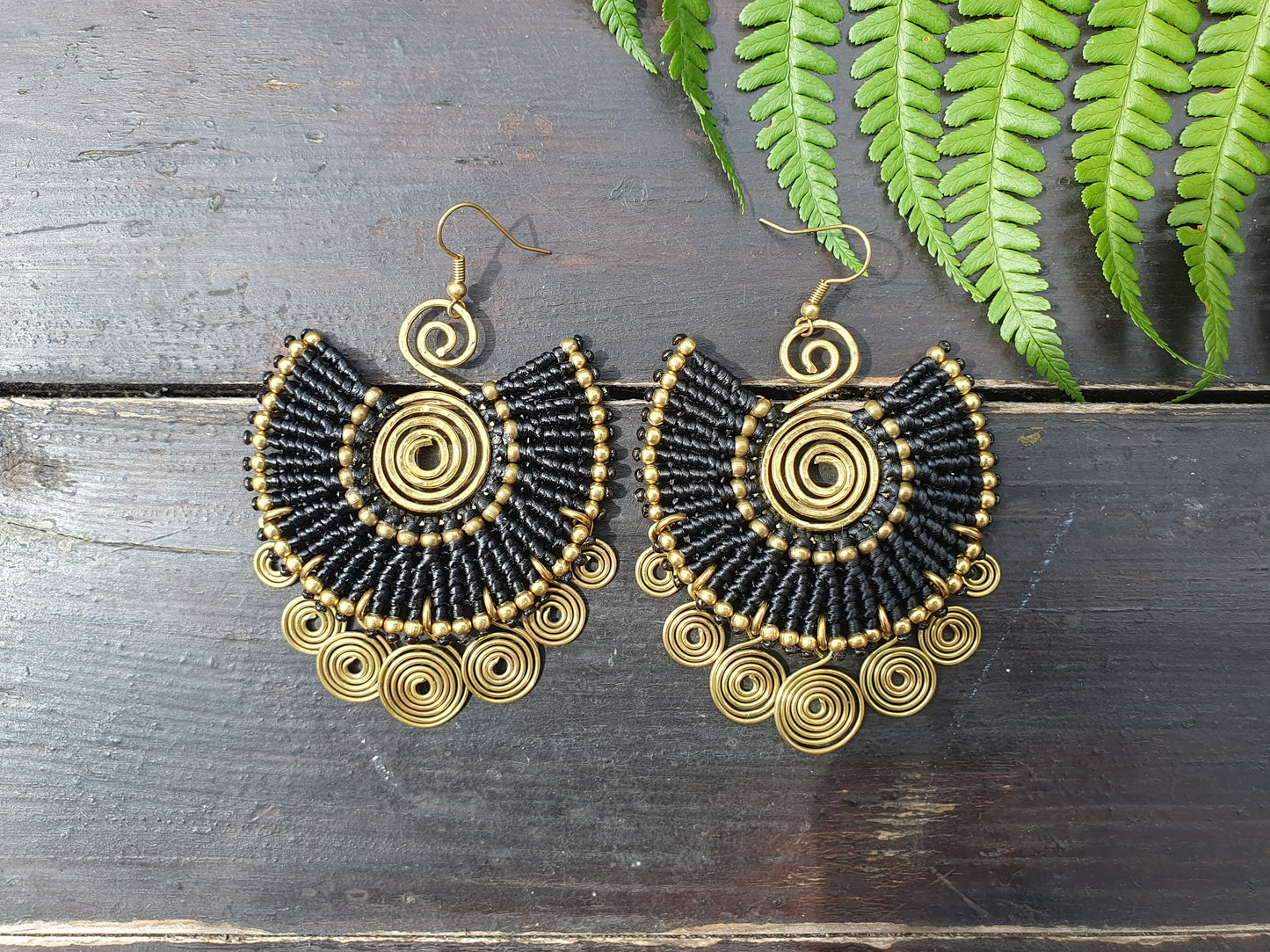EGYPTIAN QUEEN Tribal bohemian spiral earrings, gold wire macramé black statement ethnic hippie earrings, Thai handmade large earrings for women queens