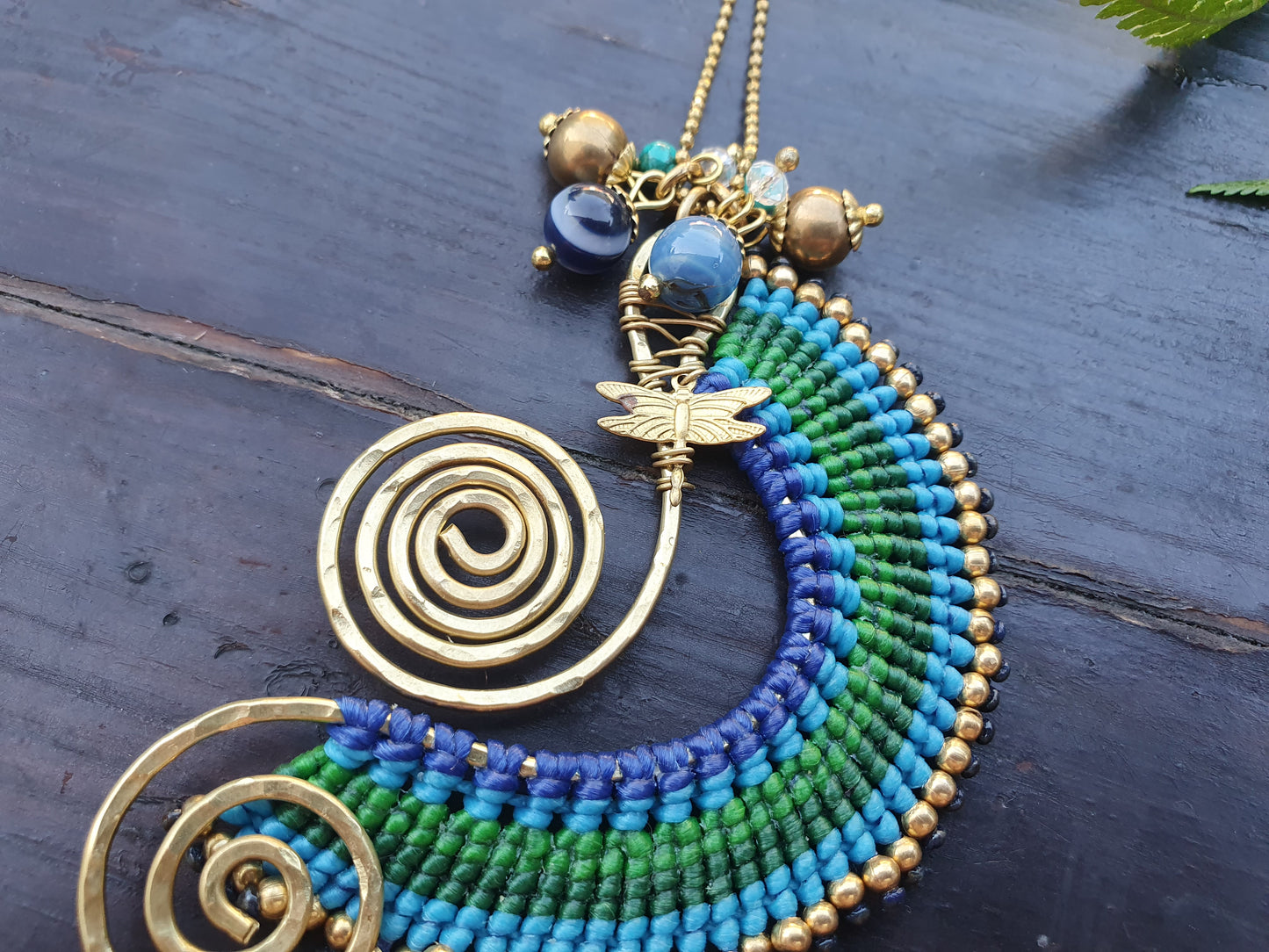Beach wave necklace, blue agate necklace, blue macrame necklace, gold wire spiral necklace, turquoise stone, boho Thai necklace, sea love