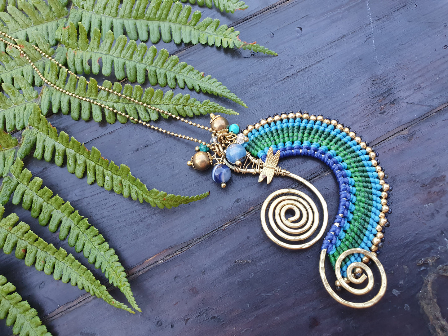 Beach wave necklace, blue agate necklace, blue macrame necklace, gold wire spiral necklace, turquoise stone, boho Thai necklace, sea love