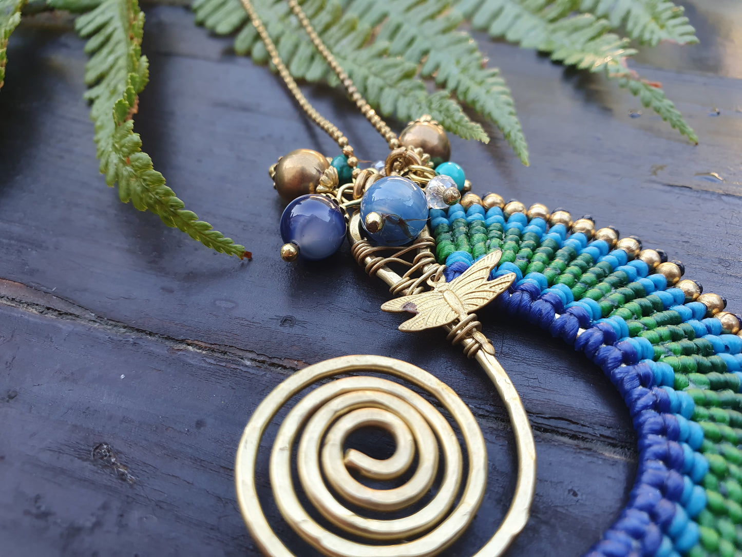 Beach wave necklace, blue agate necklace, blue macrame necklace, gold wire spiral necklace, turquoise stone, boho Thai necklace, sea love
