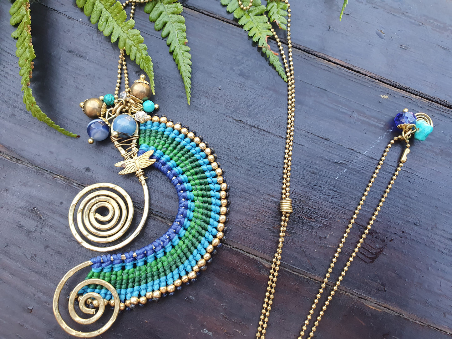 Beach wave necklace, blue agate necklace, blue macrame necklace, gold wire spiral necklace, turquoise stone, boho Thai necklace, sea love