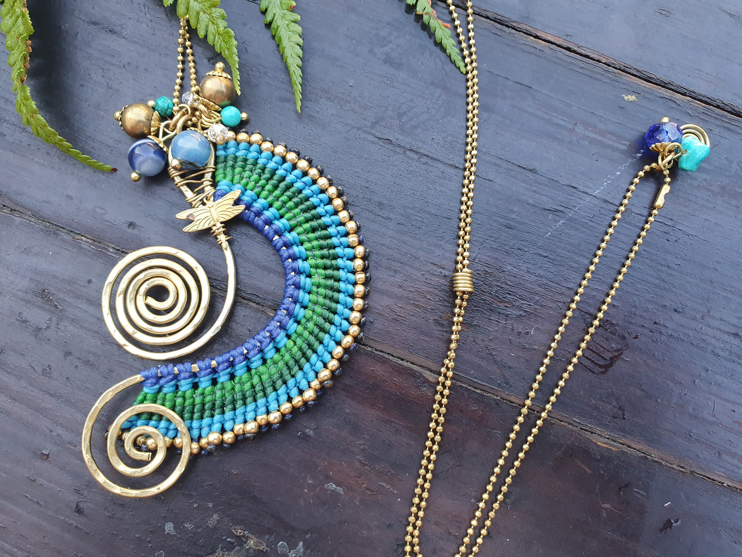 Beach wave necklace, blue agate necklace, blue macrame necklace, gold wire spiral necklace, turquoise stone, boho Thai necklace, sea love