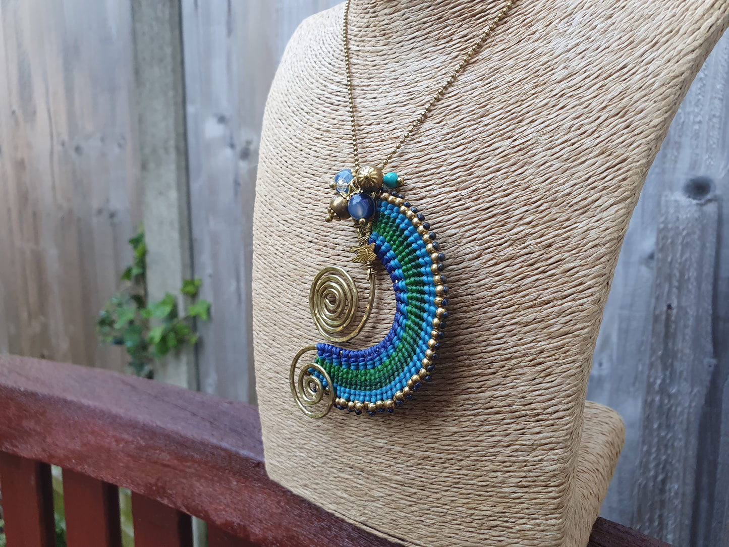 Beach wave necklace, blue agate necklace, blue macrame necklace, gold wire spiral necklace, turquoise stone, boho Thai necklace, sea love