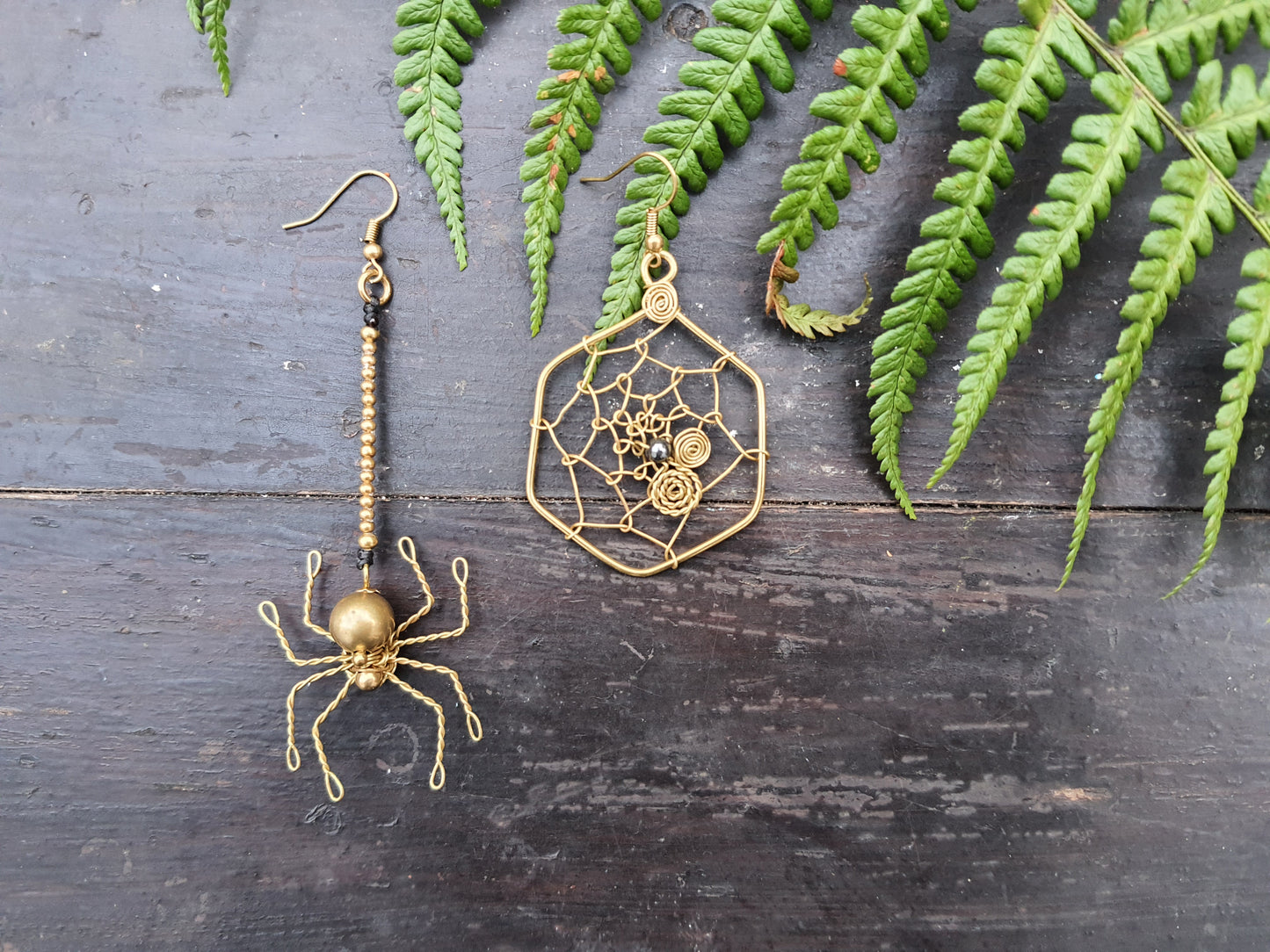 SPIDER & web HALLOWEEN EARRINGS, gold brass wire spooky costume earrings hematite crystal supernatural Autumn Fall earrings