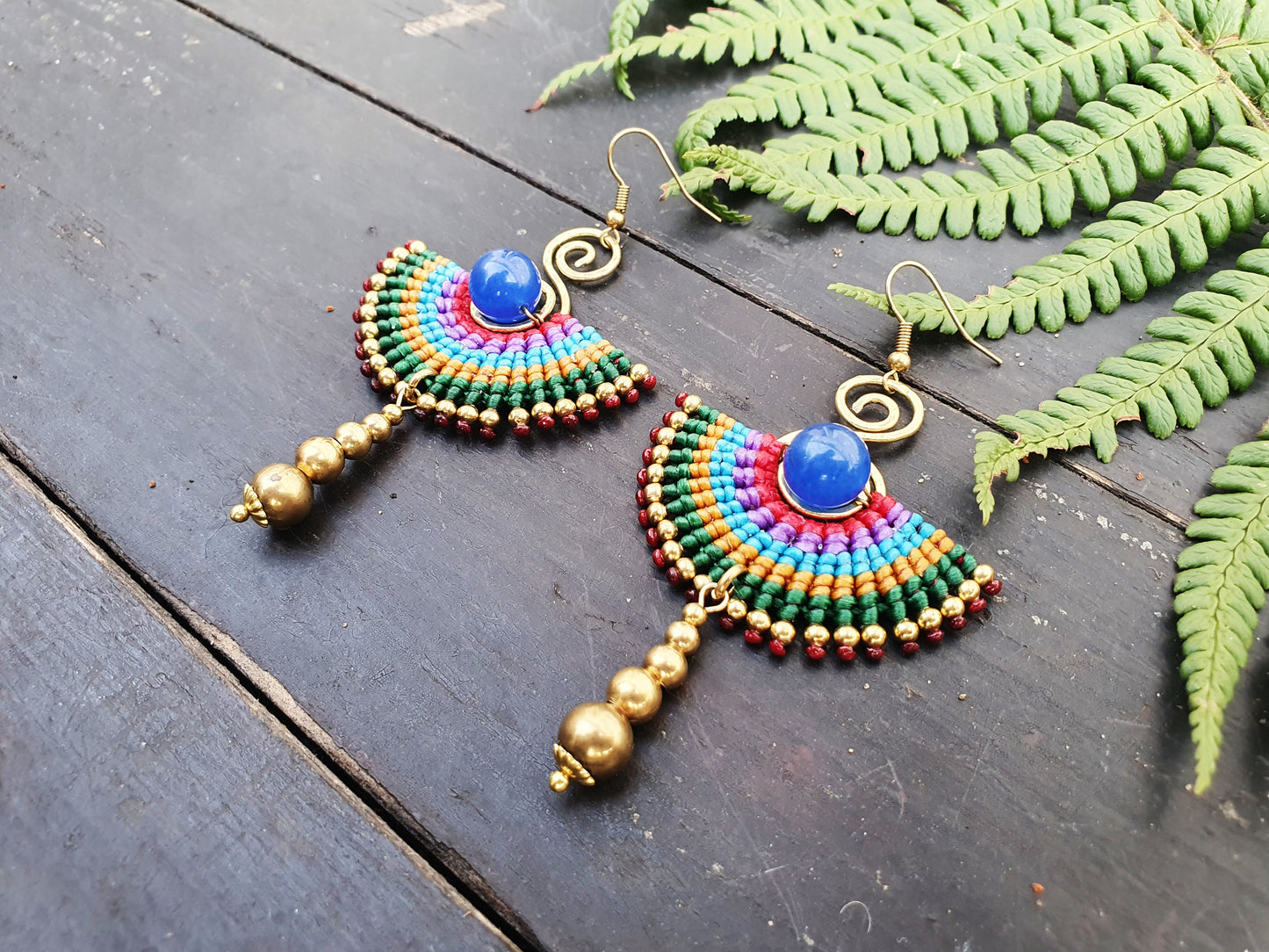 Egyptian earrings,blue agate earrings,blue agate stone,fan earrings,macramé earrings,blue earrings,boho earrings,tribal wild earrings,thai
