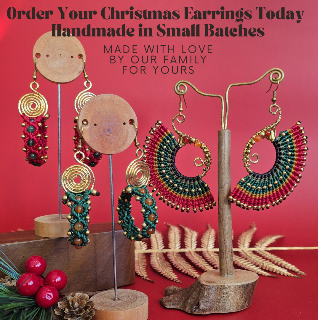 Festive Macrame Earrings in Red & Green, Orange Agate, Carnelian Crystals, Boho Christmas Statement Earrings, Spiral Holiday Jewellery