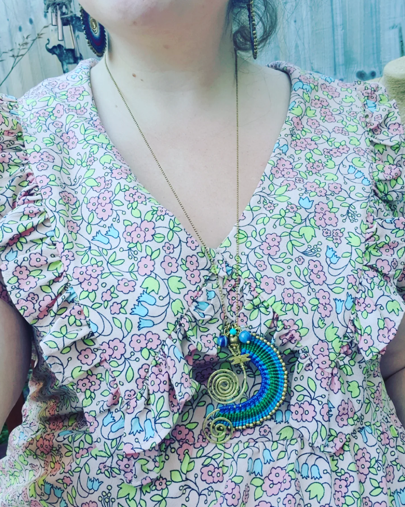 Beach wave necklace, blue agate necklace, blue macrame necklace, gold wire spiral necklace, turquoise stone, boho Thai necklace, sea love