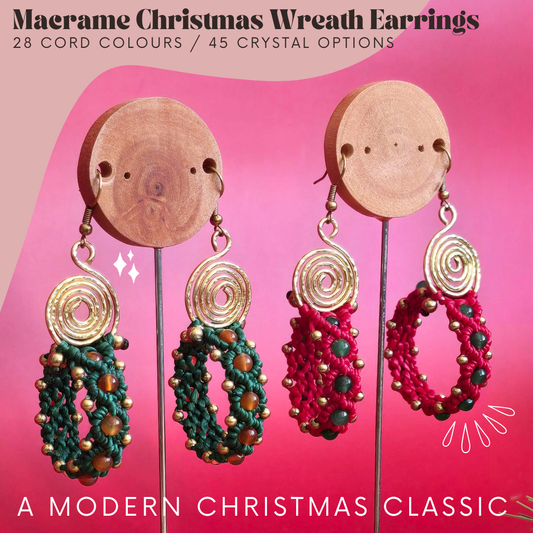 Macrame Christmas Wreath Earrings, Custom Crystal & Cord Colours, Brass Wire Spiral, Handmade Boho Holiday Jewellery, Festive Statement Gift