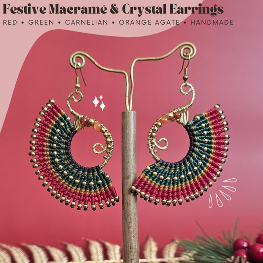 Festive Macrame Earrings in Red & Green, Orange Agate, Carnelian Crystals, Boho Christmas Statement Earrings, Spiral Holiday Jewellery