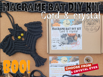 Halloween CRAFT KIT, Black BAT macrame crystal decor hanging, make your own macrame, halloween crafts, spooky family activity, craft kit