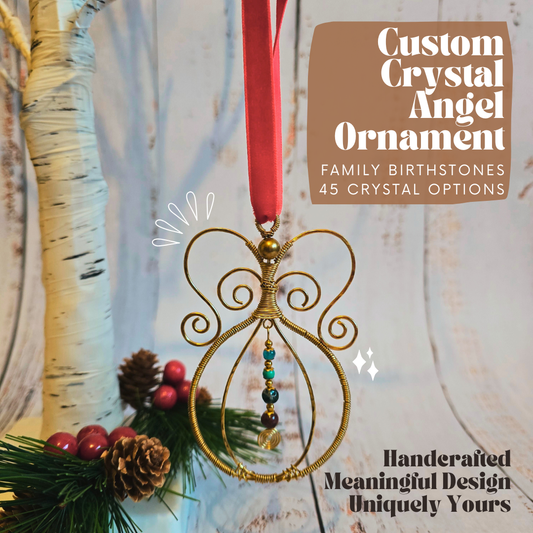 Handmade Brass Angel Bauble with Custom Crystals – Family Birthstone Ornament – Personalised Christmas Tree Hanging – Gold Wire Angel