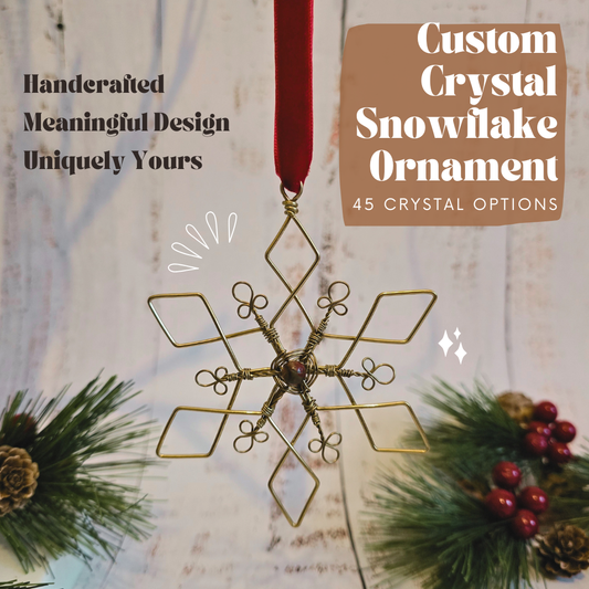 Custom Crystal Snowflake Bauble – Handmade Brass Wire Christmas Tree Decoration – Personalised Ornament with 45 Crystal Options
