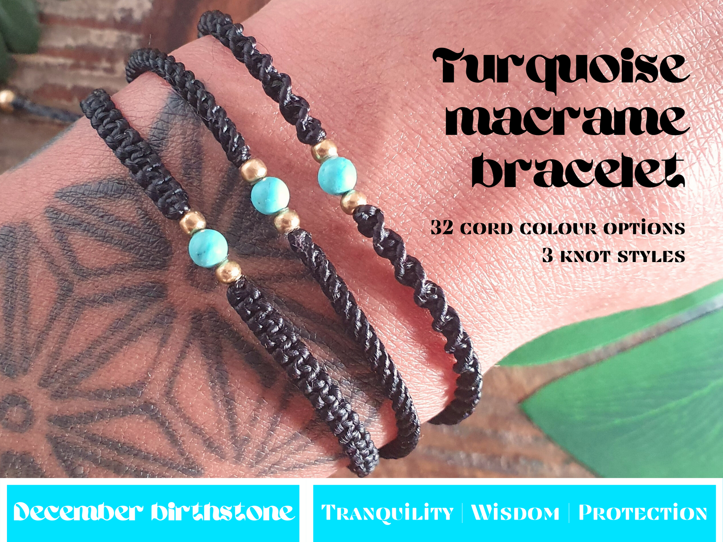 Turquoise bracelet for men, personalised December birthstone gift women, wisdom tranquility protection macrame shamballa crystal choose colour bracelet