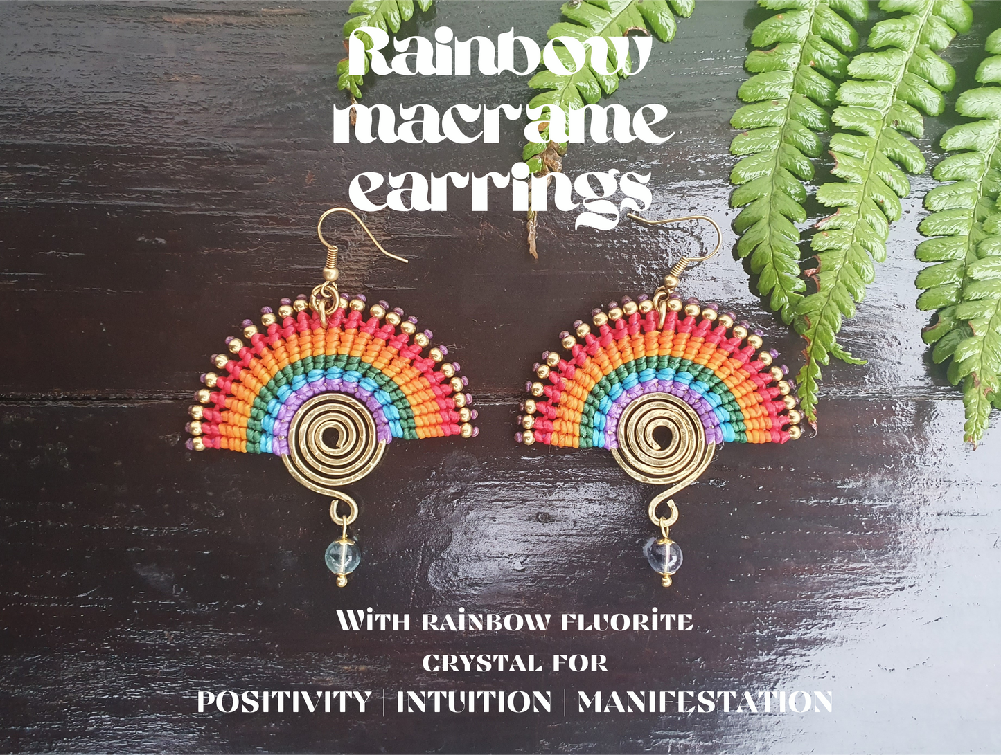 Rainbow earrings, PRIDE earrings, fluorite crystal earrings, THAI boho earrings, manifestation crystal, positivity crystal, brass spirals