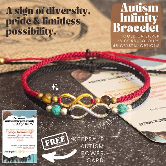 Autism Infinity Bracelet, Custom Cord & Crystal, Neurodiversity Gift, Autism Pride Jewellery, Brass or Sterling Silver, Personalised