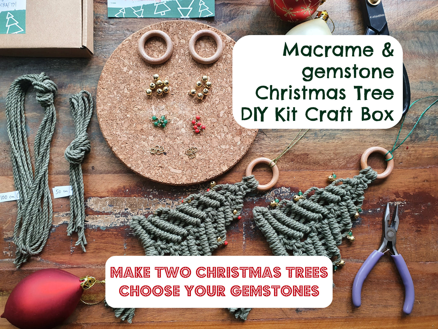 TWO macrame gemstone christmas trees kit, secret santa stocking filler stuffer woman her creative craft gift festive diy kit, make your own