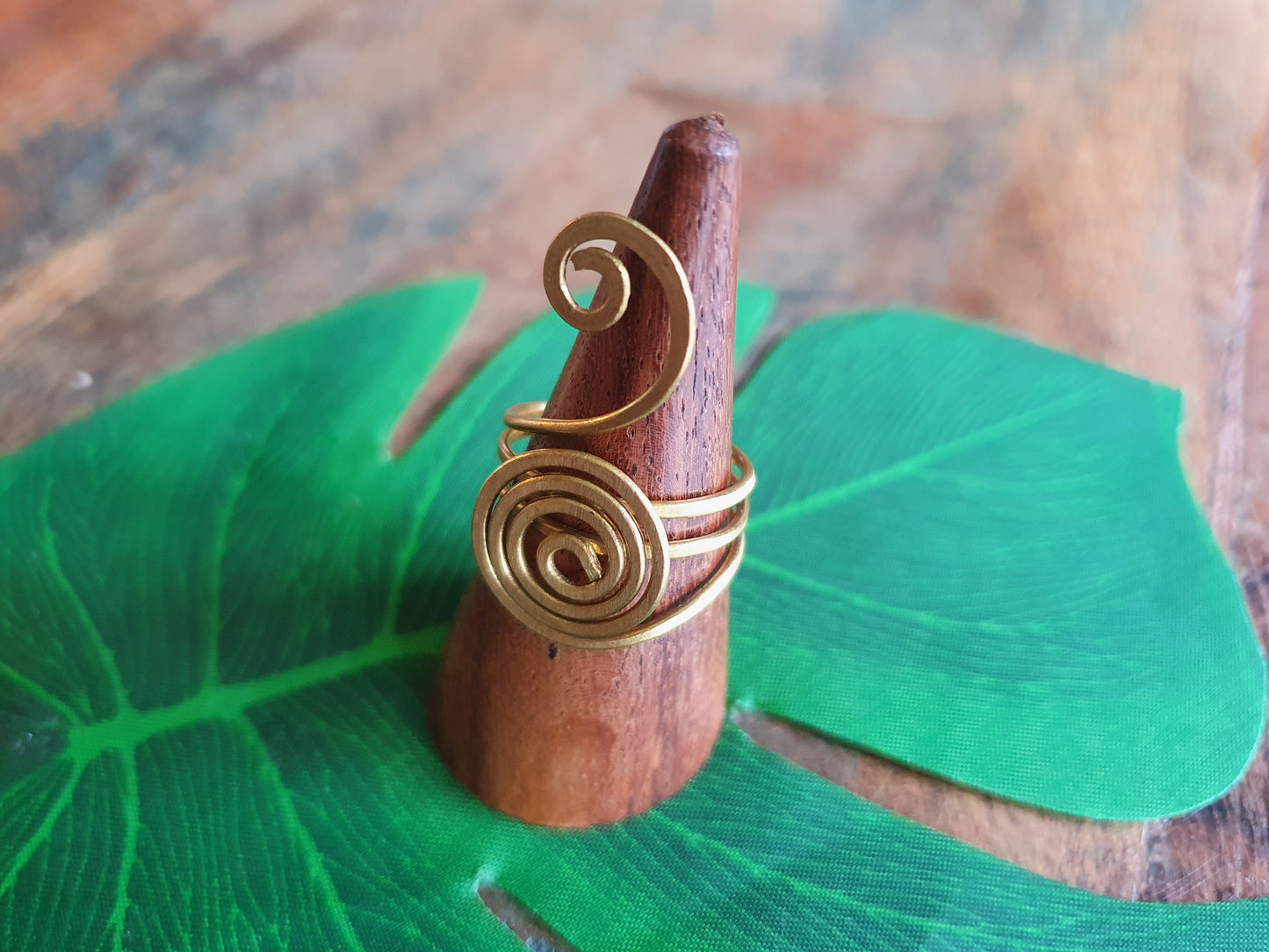 Gold wire ring, birthday anniversary gift her spiral brass wire African wrapping boho aztec tribal minimalist adjustable ring, size P 7 5