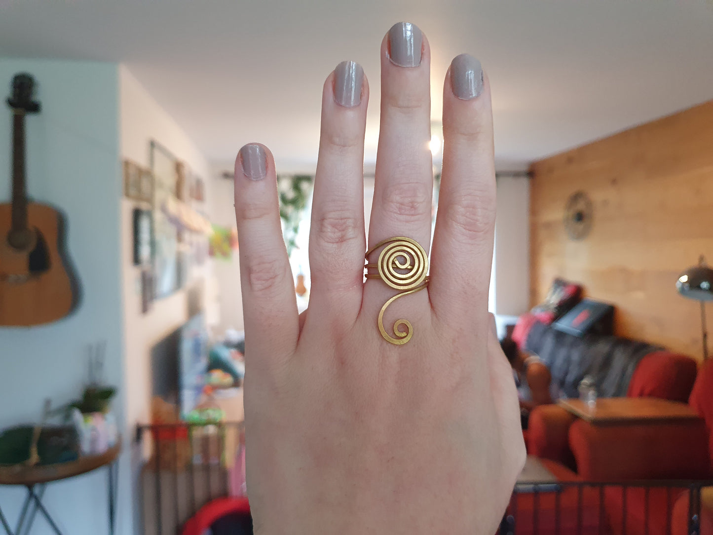 Gold wire ring, birthday anniversary gift her spiral brass wire African wrapping boho aztec tribal minimalist adjustable ring, size P 7 5