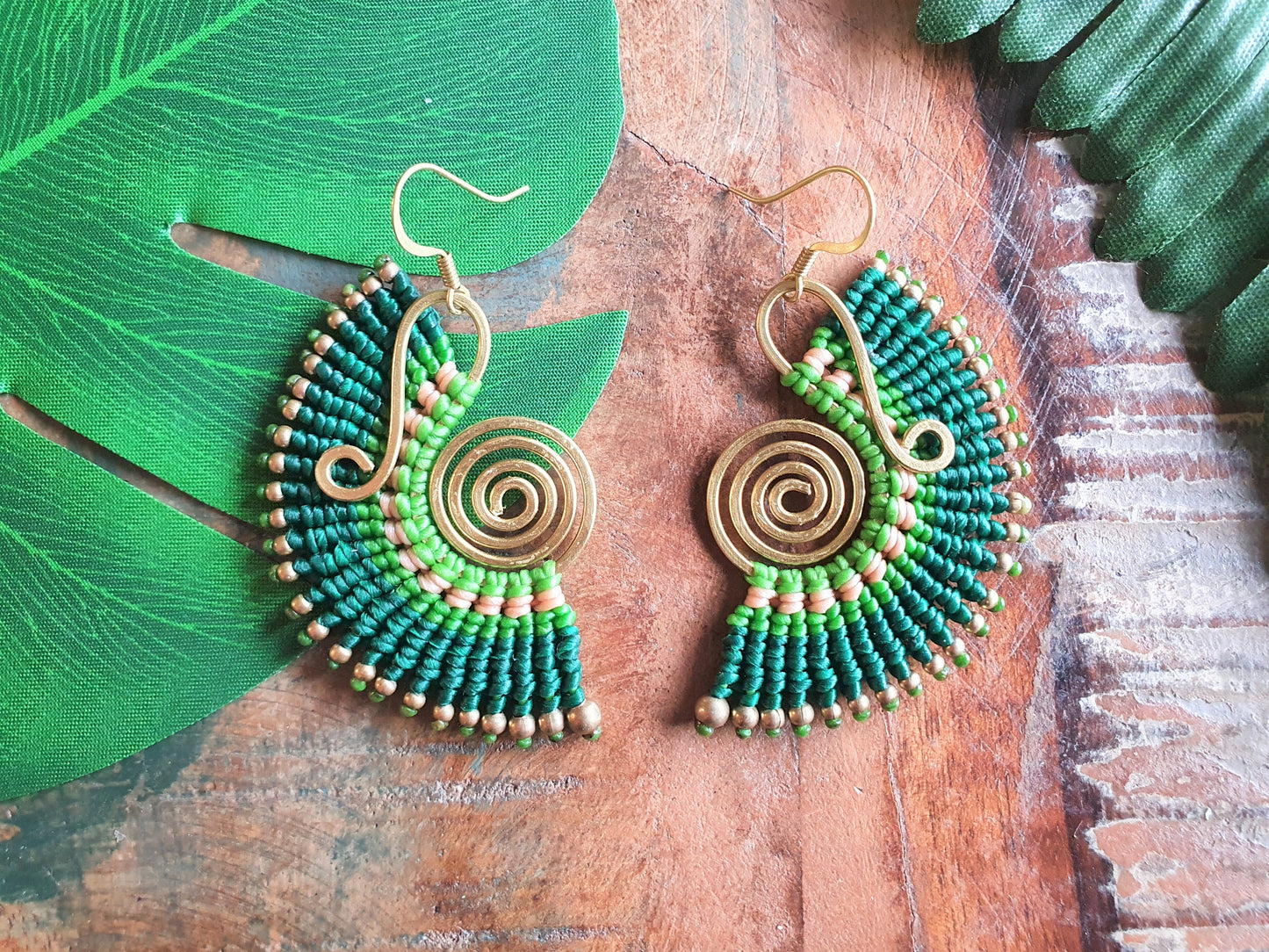 Green macrame earrings,gold wire earrings,green earrings,macrame earrings,thai earrings,boho earrings,tribal earrings,wire wrapped earrings