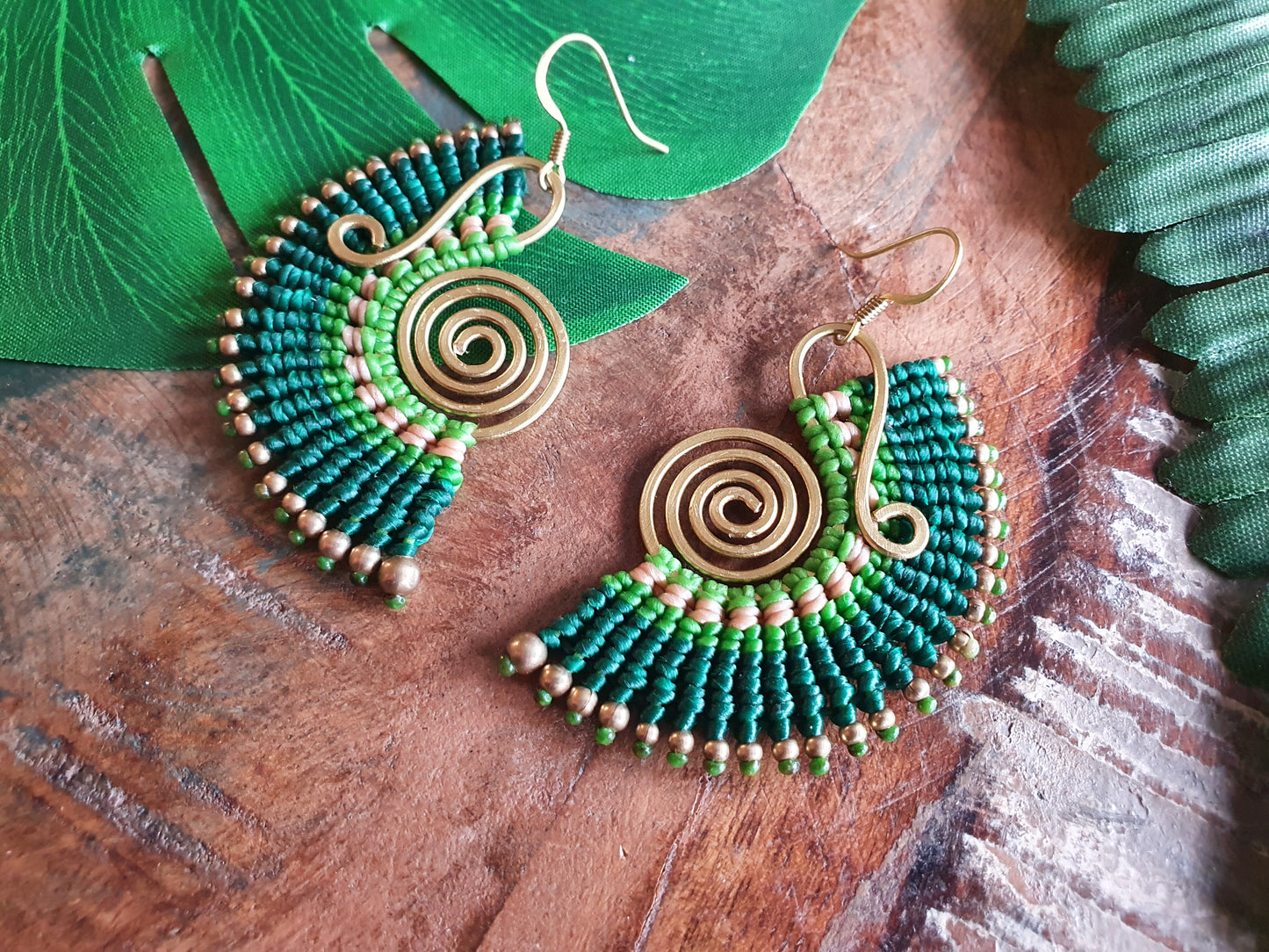 Green macrame earrings,gold wire earrings,green earrings,macrame earrings,thai earrings,boho earrings,tribal earrings,wire wrapped earrings