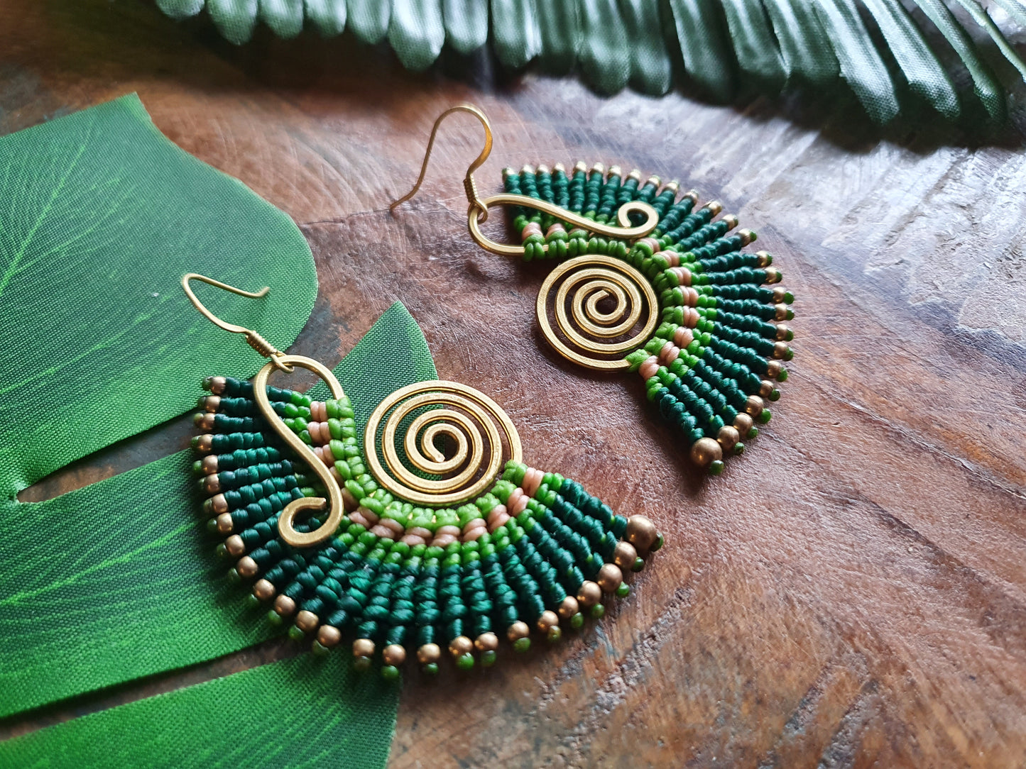 Green macrame earrings,gold wire earrings,green earrings,macrame earrings,thai earrings,boho earrings,tribal earrings,wire wrapped earrings