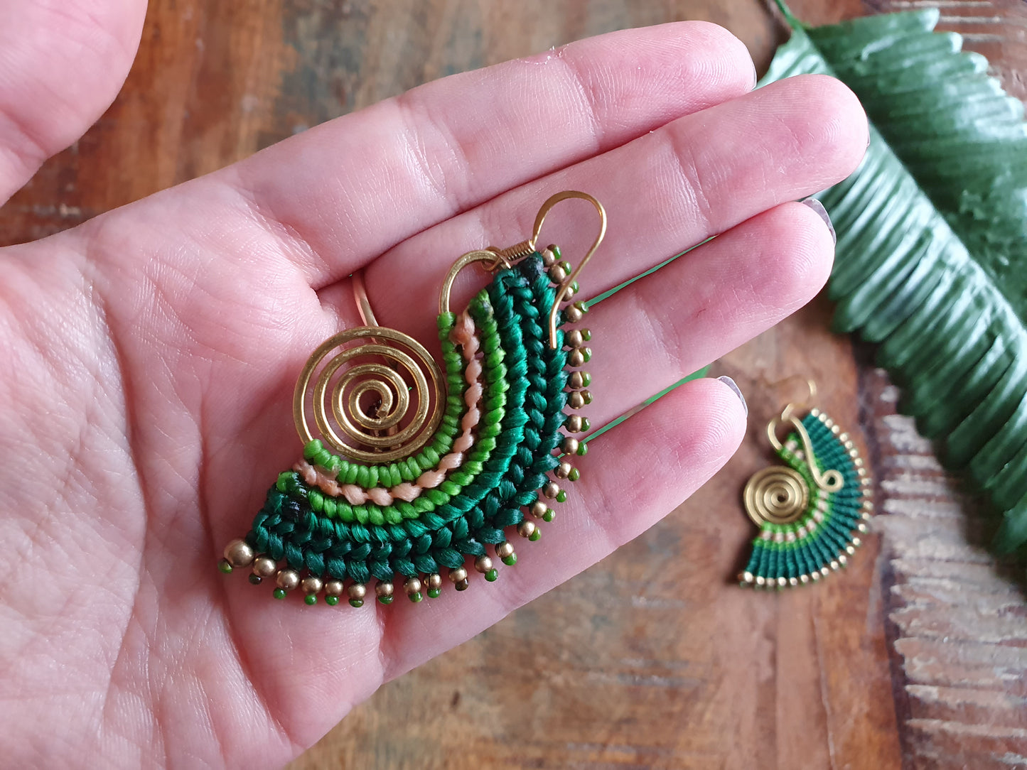 Green macrame earrings,gold wire earrings,green earrings,macrame earrings,thai earrings,boho earrings,tribal earrings,wire wrapped earrings