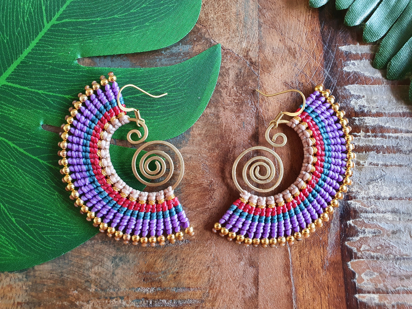 Macrame Thai gold eclectic purple earrings, Boho wire spiral colourful jewellery, Gift for her dreamers bohemians hippies queens wanderlust