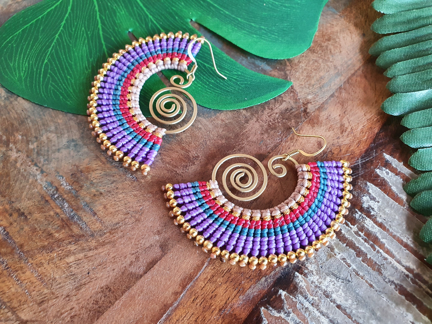 Macrame Thai gold eclectic purple earrings, Boho wire spiral colourful jewellery, Gift for her dreamers bohemians hippies queens wanderlust