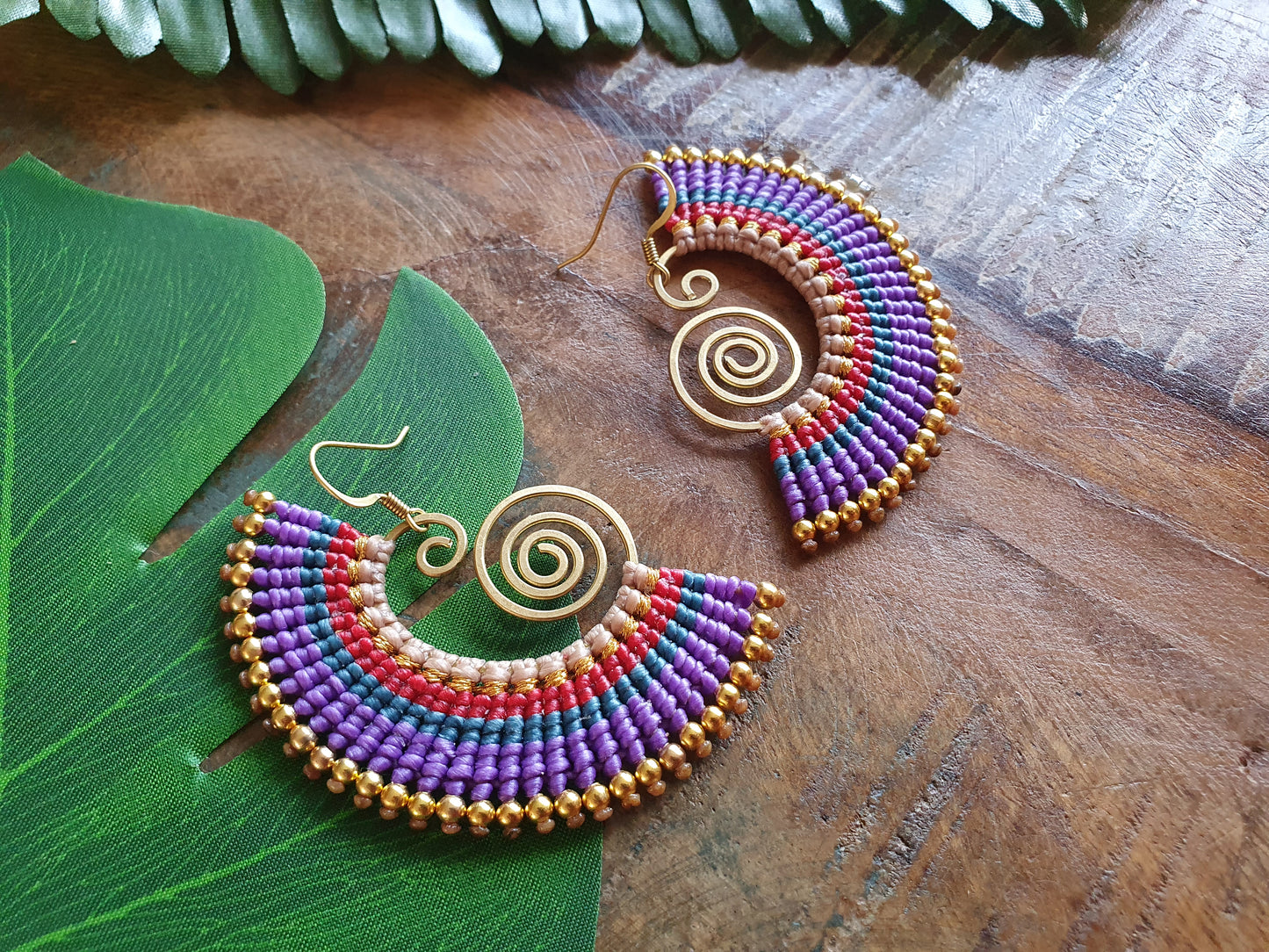 Macrame Thai gold eclectic purple earrings, Boho wire spiral colourful jewellery, Gift for her dreamers bohemians hippies queens wanderlust