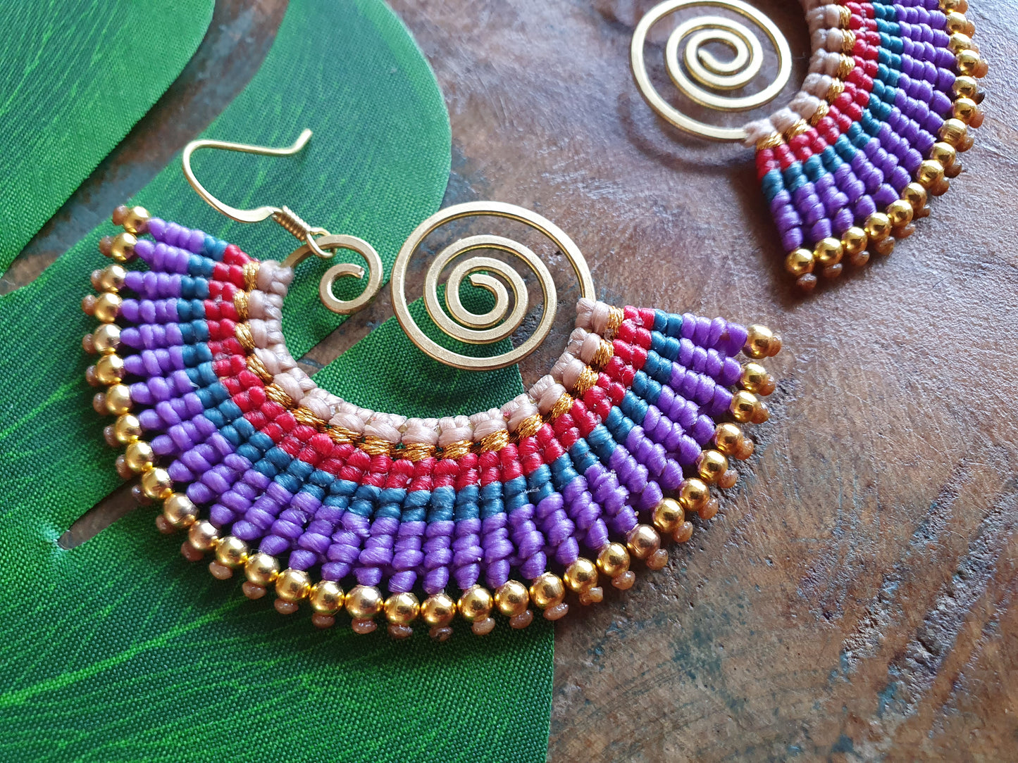 Macrame Thai gold eclectic purple earrings, Boho wire spiral colourful jewellery, Gift for her dreamers bohemians hippies queens wanderlust