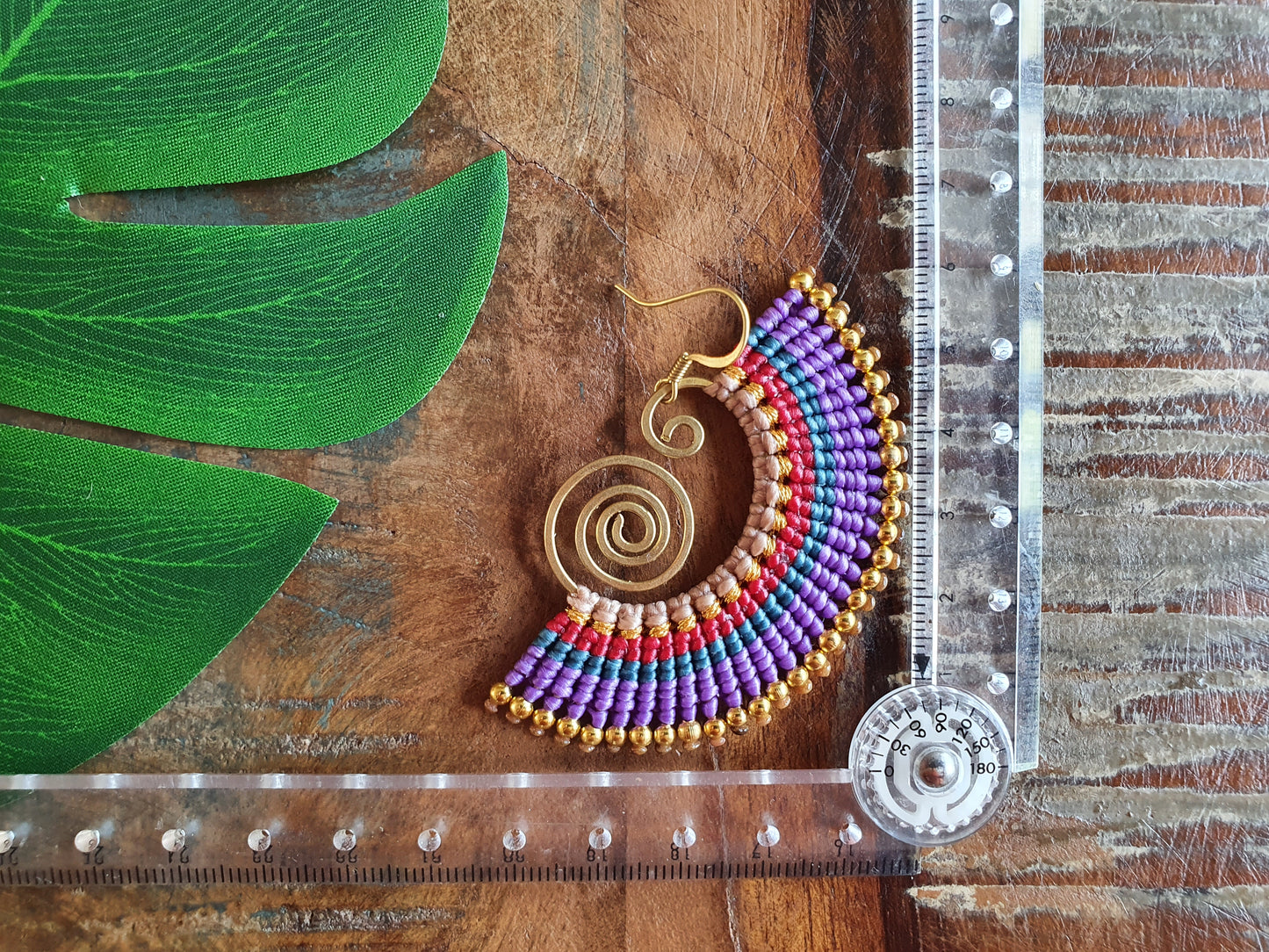 Macrame Thai gold eclectic purple earrings, Boho wire spiral colourful jewellery, Gift for her dreamers bohemians hippies queens wanderlust