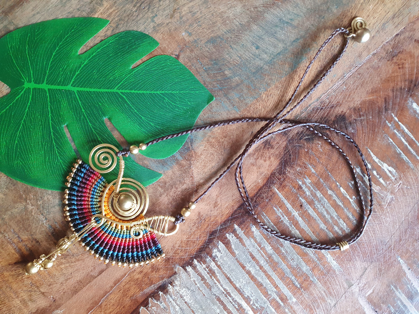 Bold macrame colourful rainbow boho pendant, gift for woman wife sister wire spiral gold wire wrap pendant, funky hippie Thai micromacrame