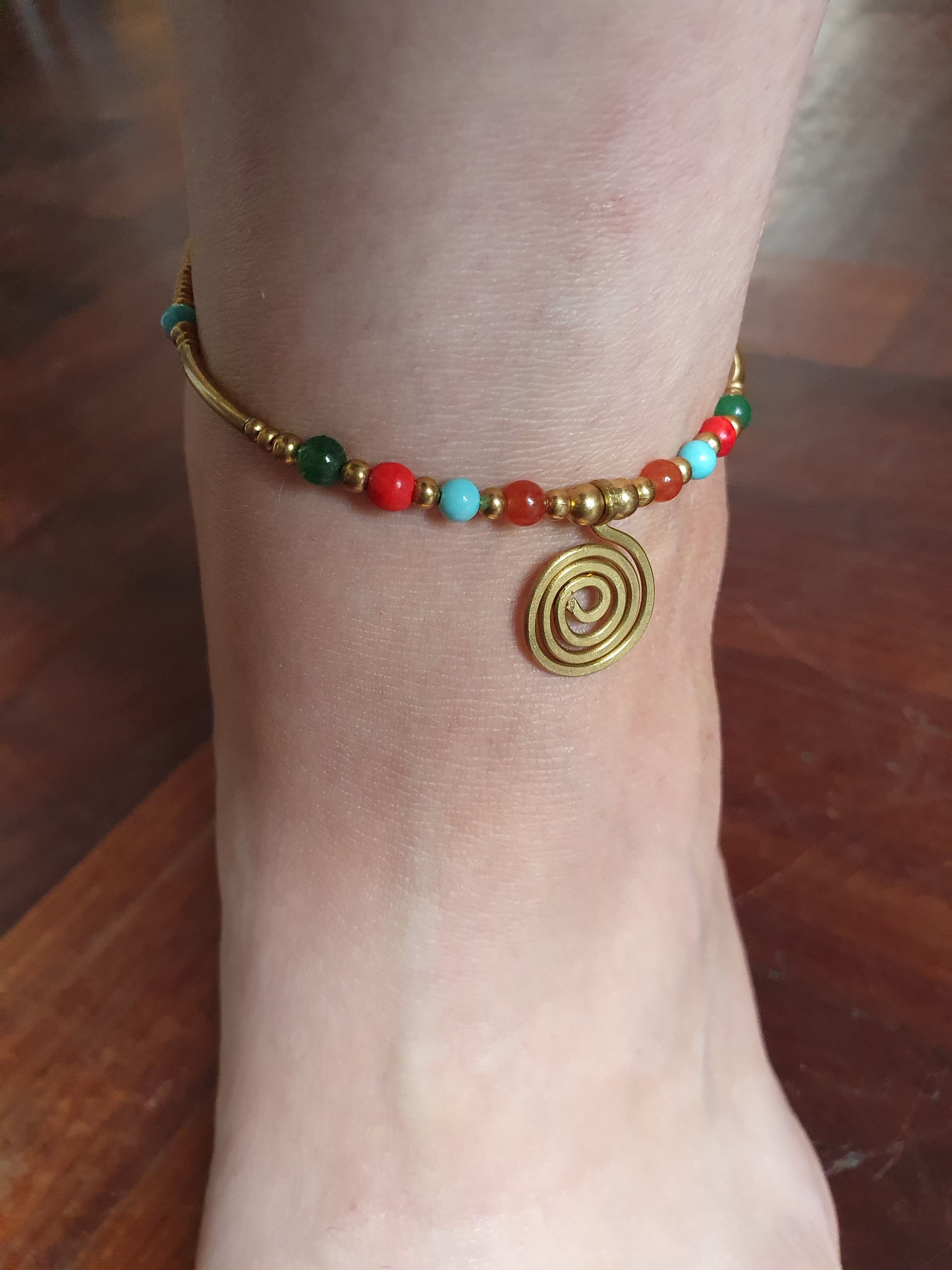 Spiral & crystal gold beaded anklet, brass bead bar gemstone Thai waterproof Egyptian Queen boho tribal beach gift women, birthstone