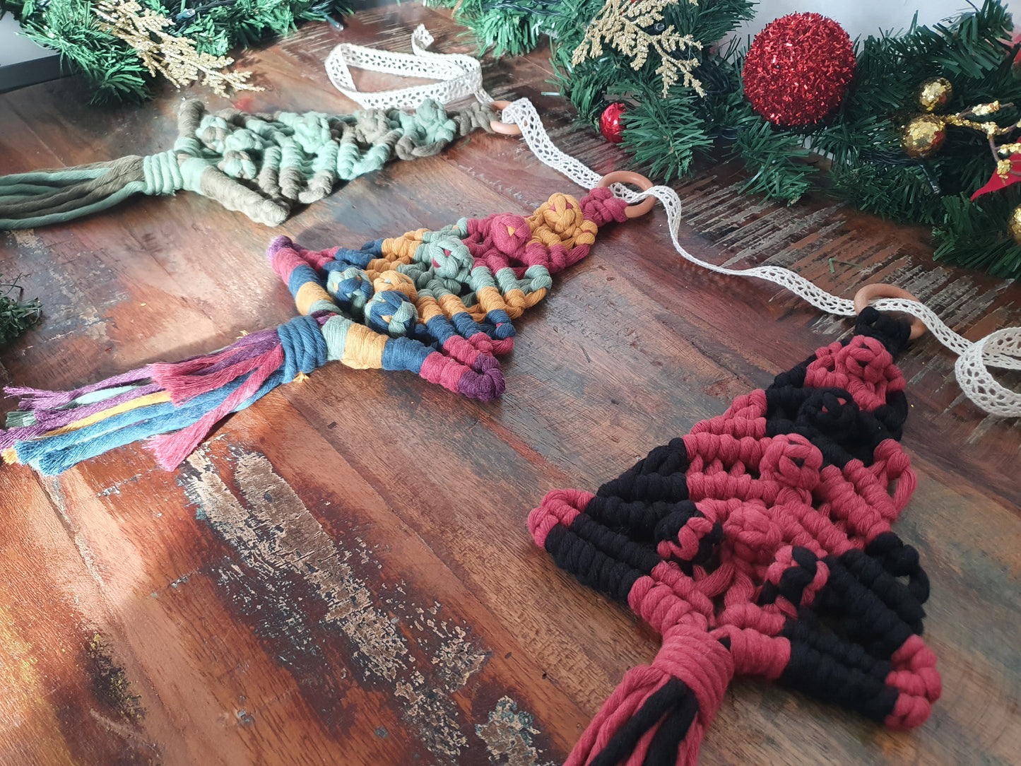 Christmas tree hanging macrame rainbow sustainable bunting eco gift colourful ornament decor bauble festive yuletide xmas fibre art