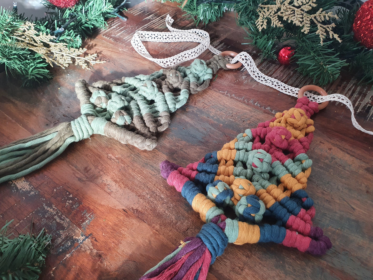 Christmas tree hanging macrame rainbow sustainable bunting eco gift colourful ornament decor bauble festive yuletide xmas fibre art