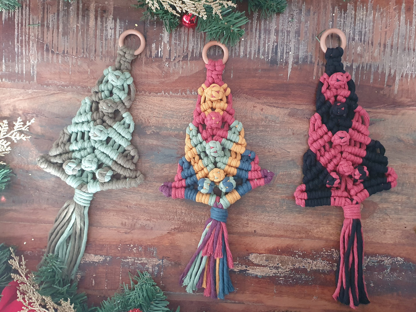 Christmas tree hanging macrame rainbow sustainable bunting eco gift colourful ornament decor bauble festive yuletide xmas fibre art