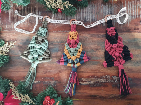 Christmas tree hanging macrame rainbow sustainable bunting eco gift colourful ornament decor bauble festive yuletide xmas fibre art