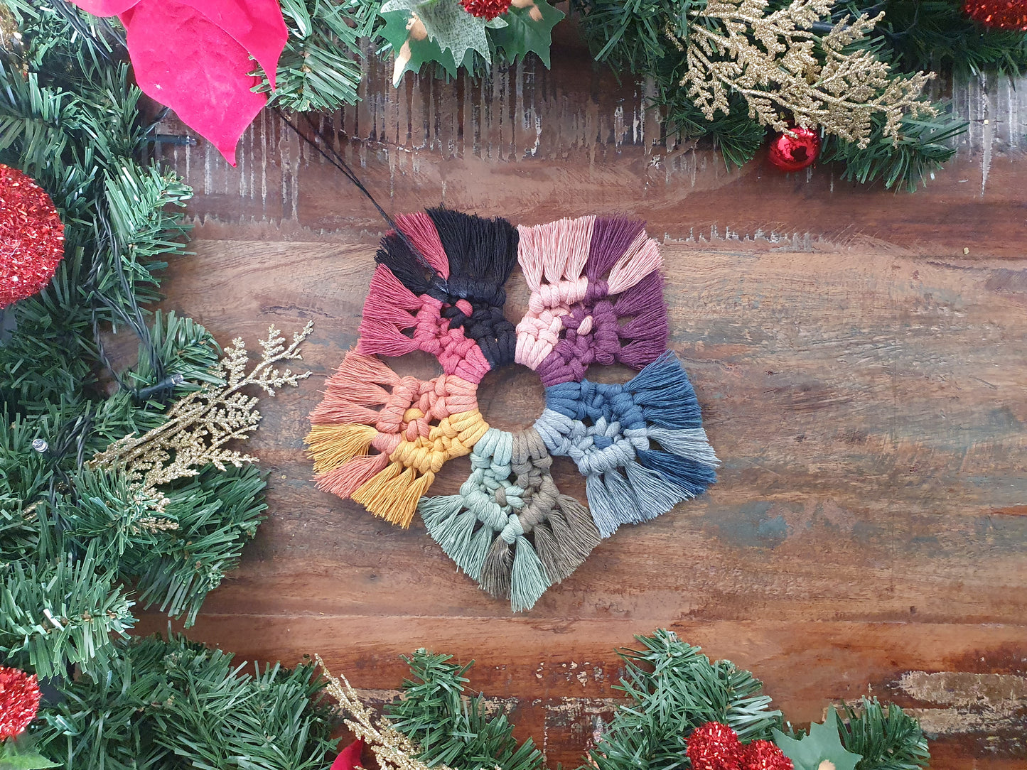 Christmas star hanging bunting macrame rainbow sustainable eco gift colourful ornament decor bauble festive yuletide xmas fibre art