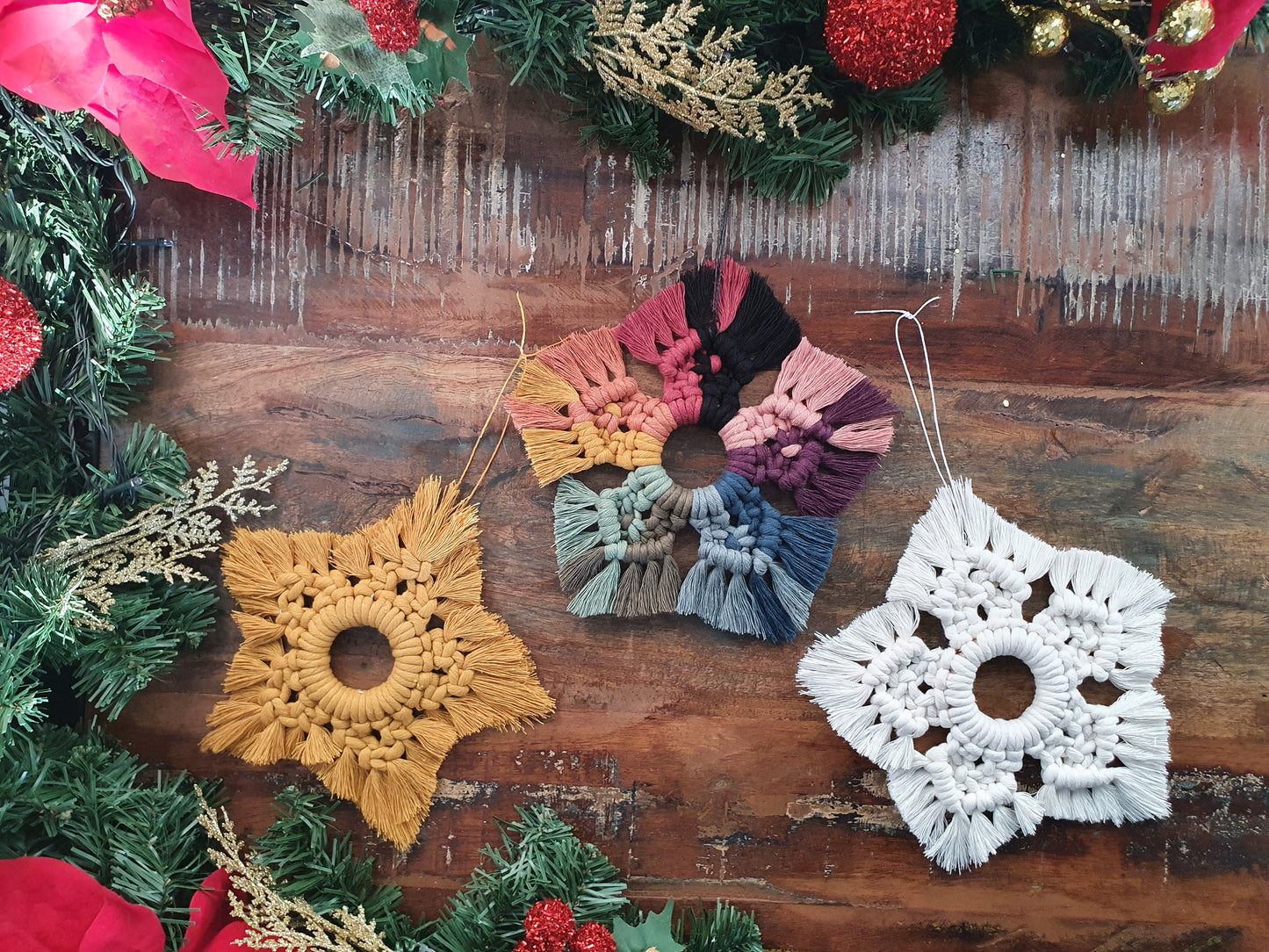 Christmas star hanging bunting macrame rainbow sustainable eco gift colourful ornament decor bauble festive yuletide xmas fibre art