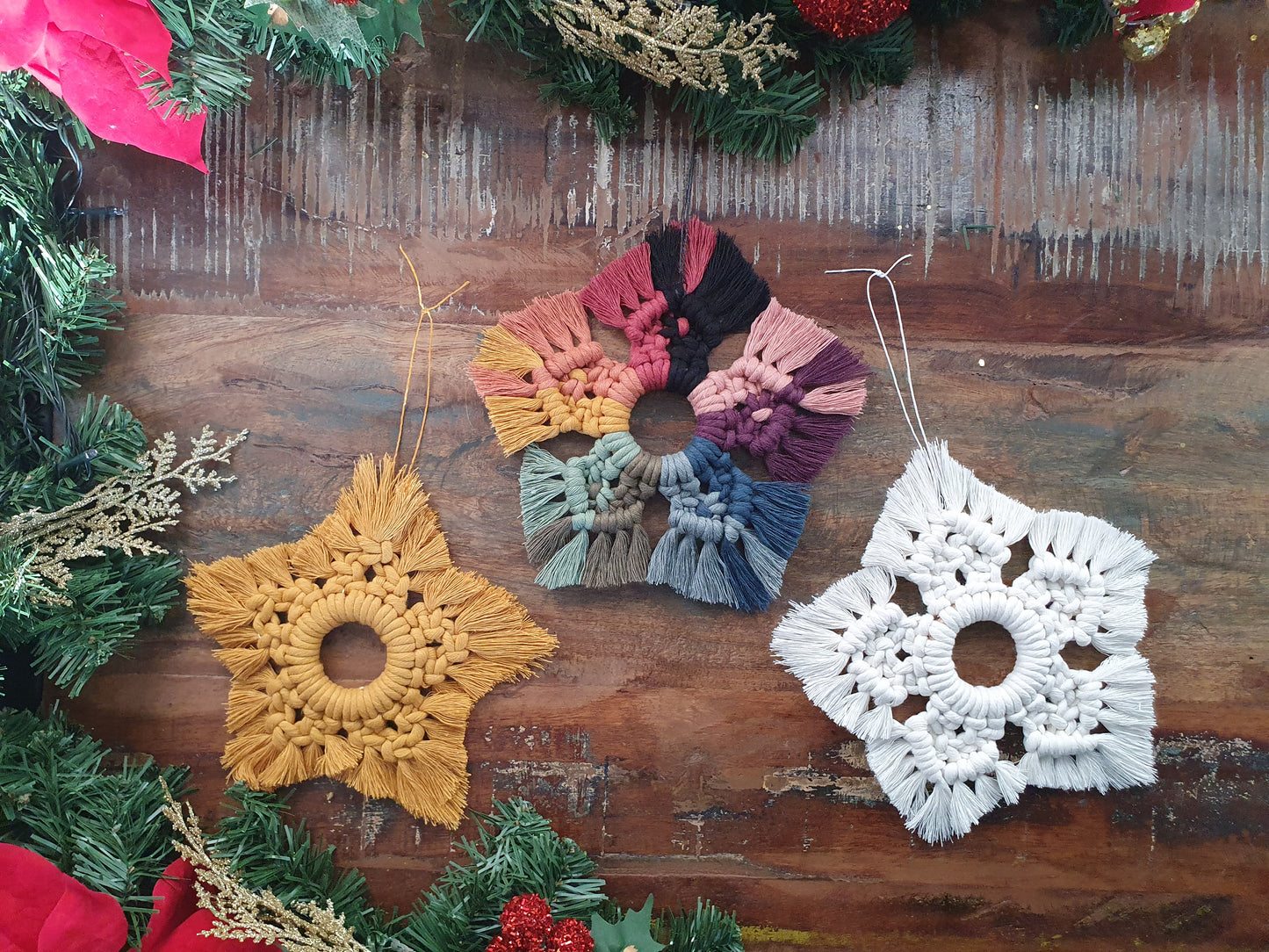 Christmas star hanging bunting macrame rainbow sustainable eco gift colourful ornament decor bauble festive yuletide xmas fibre art