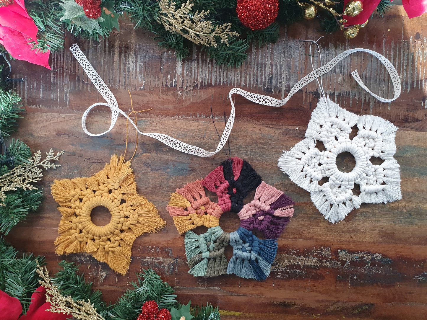 Christmas star hanging bunting macrame rainbow sustainable eco gift colourful ornament decor bauble festive yuletide xmas fibre art