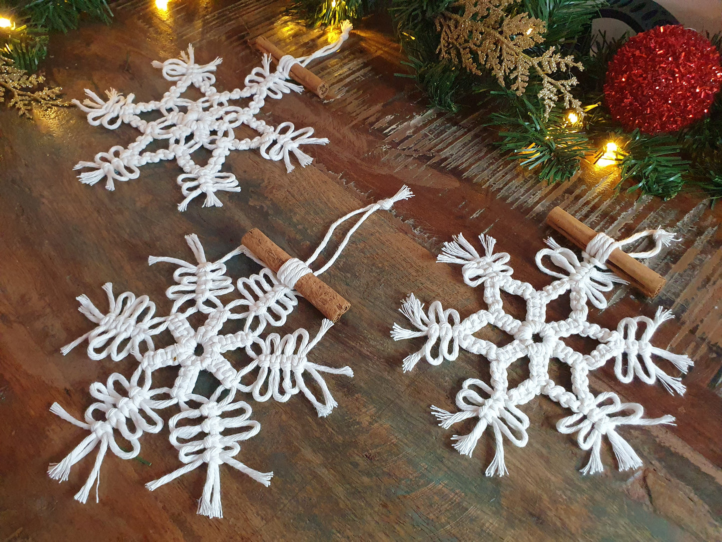 Set of 3 cinnamon snowflakes, chrismas macrame white tree ornament decor minimalist stocking stuffer filler secret santa boho bauble hanging