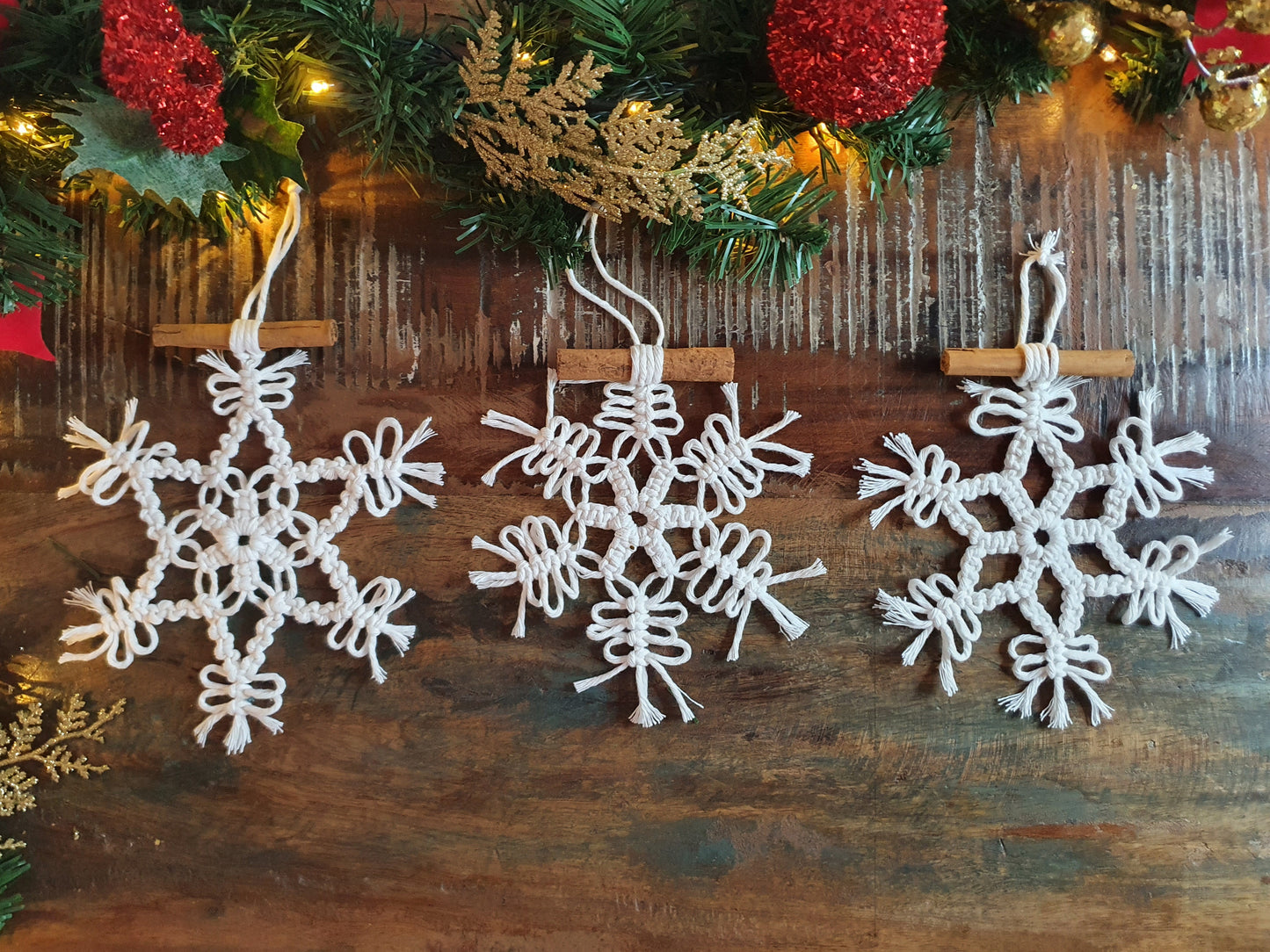 Set of 3 cinnamon snowflakes, chrismas macrame white tree ornament decor minimalist stocking stuffer filler secret santa boho bauble hanging