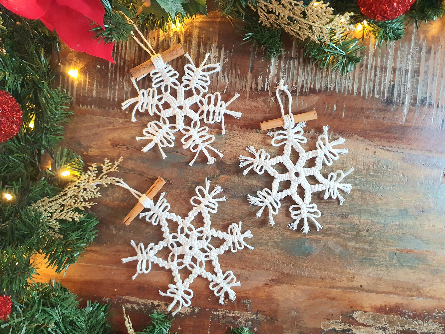 Set of 3 cinnamon snowflakes, chrismas macrame white tree ornament decor minimalist stocking stuffer filler secret santa boho bauble hanging